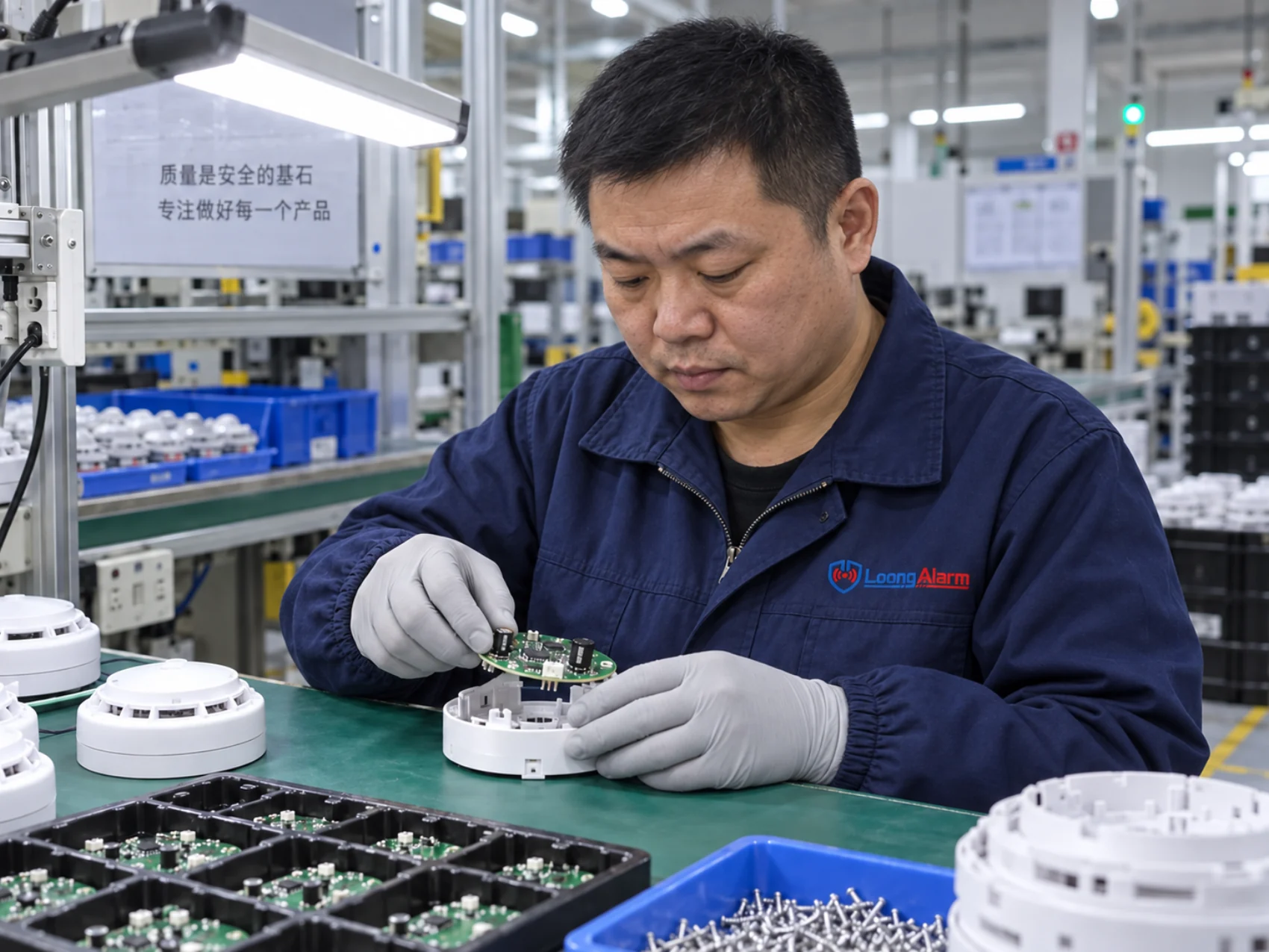 Male LoongAlarm technician wearing ESD gloves while assembling a smoke detector