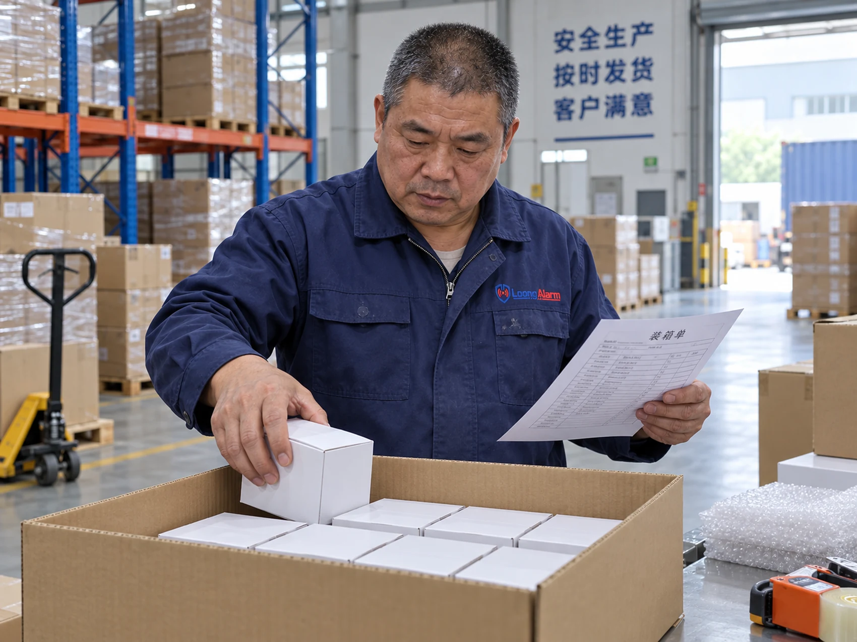 LoongAlarm technician preparing alarm products for export
