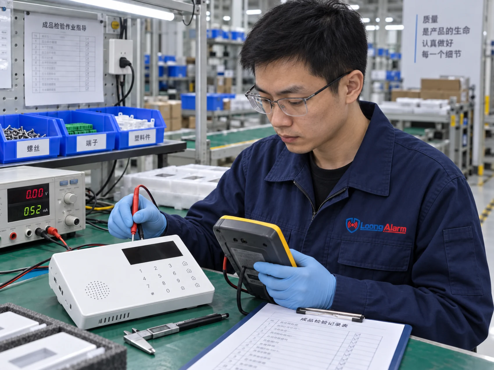 Male LoongAlarm inspector wearing ESD gloves while testing an alarm control panel