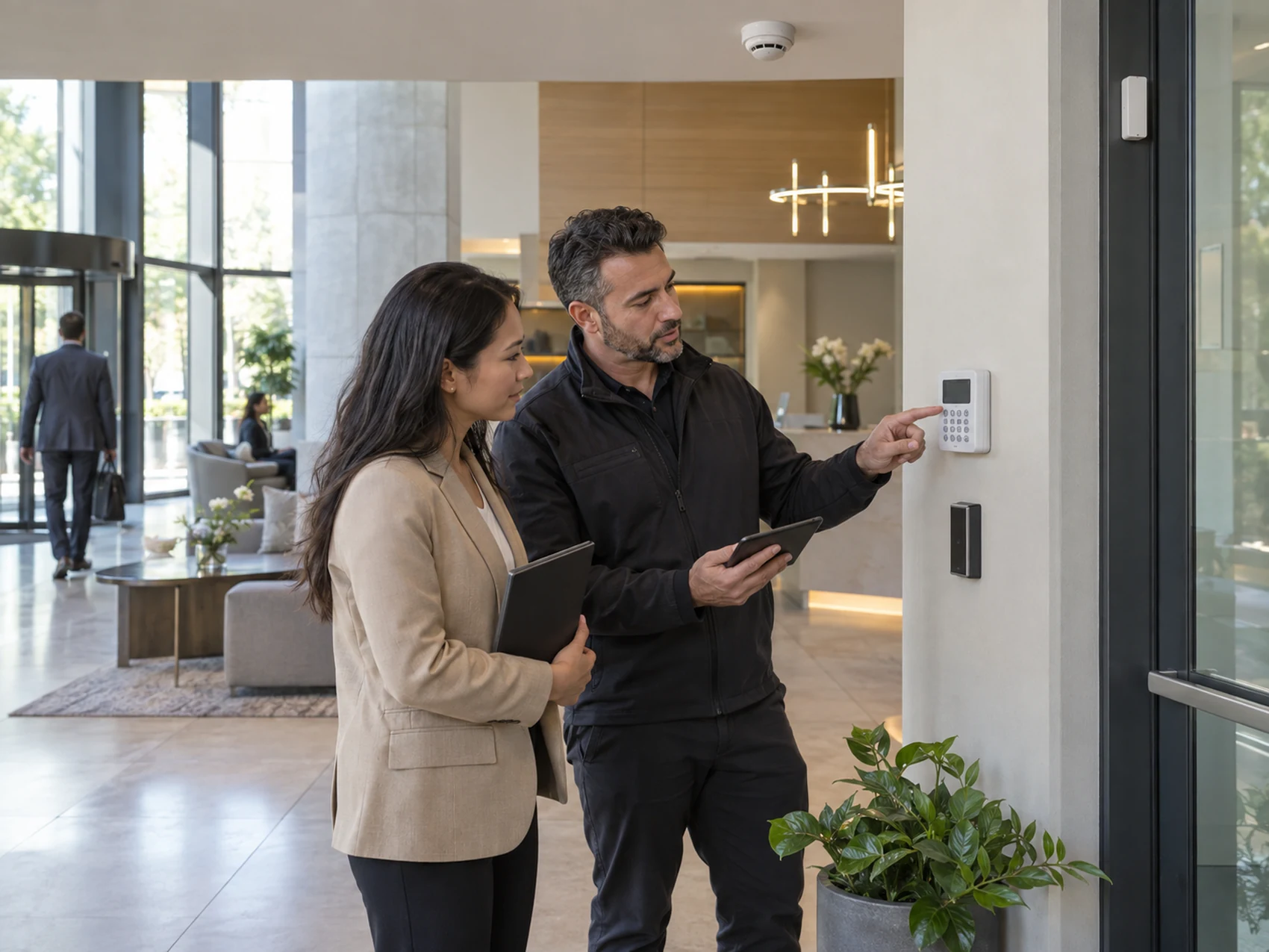 Commercial team reviewing an installed alarm keypad