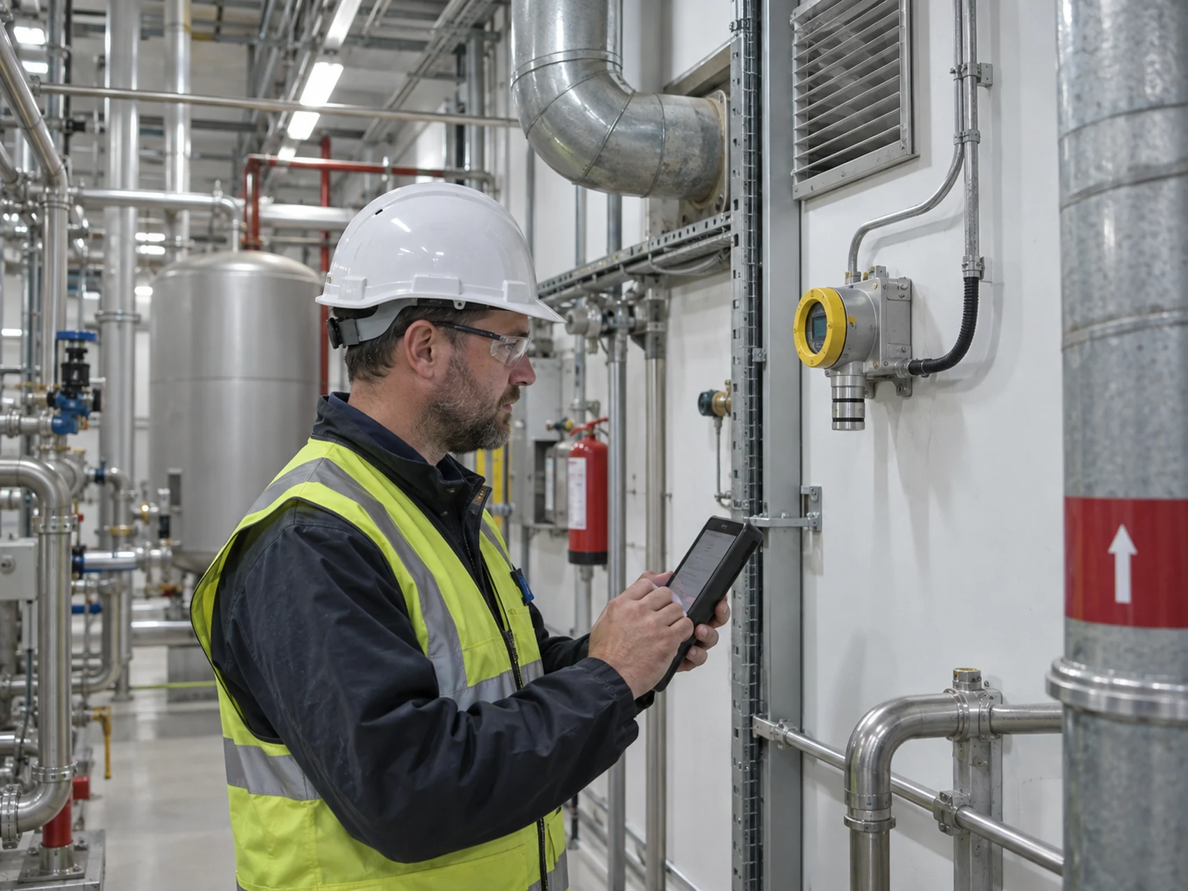 Industrial safety engineer inspecting a gas detector