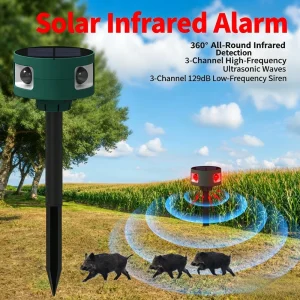 129dB Solar Animal Repeller Ultrasonic Outdoor Predator Deterrent with 6 Flashing Light 4 Modes Motion Sensor Animal Repellent