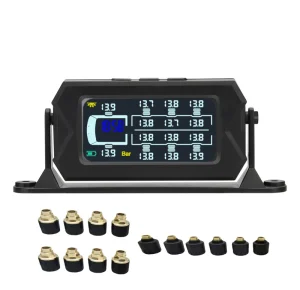14-Wheel Heavy-Duty Truck TPMS Monitor with External Sensors, Solar USB Charging, Real-Time Tire Pressure and Temperature Display Alarm