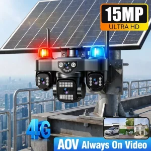15MP AOV 24/7 Recording Solar Camera 4G SIM Card Two-Way Audio Security Protection CCTV Red & Blue Light Alarm Solar Cam