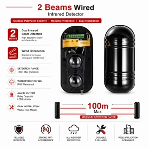 2 Beams Outdoor Waterproof Active Infrared Beam Detector 100m Perimeter Fence Security Intrusion Alarm Sensor System