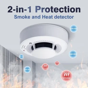 2-in-1 Cigarette Smoke and Heat Detector, >85 dB Alarm, Air Vents, Temperature Probe, Silence and Self-Check Button