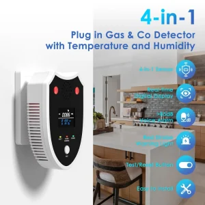4-in-1 Plug-In Natural Gas and Carbon Monoxide Detector with Temperature, Humidity, and Air Quality Monitor