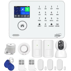 433MHz Alarm System with Camera Signal Detector, Infrared Smoke and Gas Detector, Door Magnetic Sensor and Remote Control