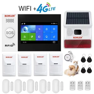 4G WiFi GSM Wireless Home Burglar Alarm System with Touch Panel, Pet-Immune PIR Sensor, Solar Siren