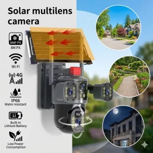 4Lens 3 Screens 8MP 4K Outdoor Security Network Camera 4G Sim Card 360 PTZ IP Wireless WIFI Solar Memory Cloud Data Storage