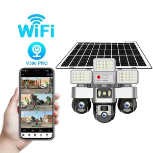 4MP Solar Camera LED Lighting Three Screen 4G Sim Security Solar CCTV Wireless Monitor IP Camera Remote Control V380 App