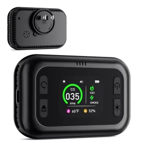 5 in 1 Air Safety Monitor Detects CO Combustible Gas Smoke Temp & Humidity Dual Power (Plug in + Rechargeable)