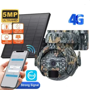 5MP Camouflage LTE 4G SIM Card Powered Surveillance CCTV Outdoor PTZ Trail Hunting Solar Network Camera