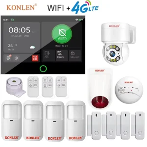 7 Inch Touch Screen Smart Home 4G WiFi GSM Wireless Security Alarm System ABS Smoke Detector Outdoor Camera Strobe Siren