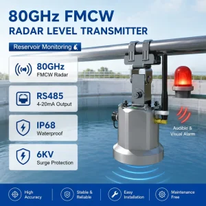 80 GHz FMCW Non-Contact Radar Water Level Transmitter RS485 IP68 with 6 kV Lightning Protection for Rivers and Reservoirs