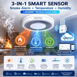 Aurtron DF36LD Photoelectric Smoke Detector Wireless Fire Alarm Temperature Humidity Monitor 3 Year Battery Life for Apartments