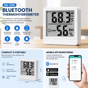 Bluetooth Thermohygrometer High Precision Digital Temperature & Humidity Monitor with App Sync for Warehouse Greenhouse & Home