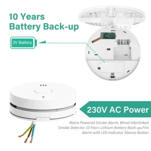 CE Certificate 220V 240V Photoelectric Sensor Wiredlink Smoke Alarm Fire Detector With 10 year Life Span Backup Battery