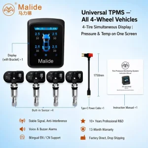 Car TPMS Pressure Sensor System with Stick-On Monitor, Voice Alarm, Auto Sleep and Wake, High-TG PCB for SUV and Truck, Factory Bulk Order