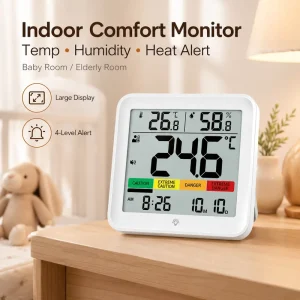Digital Baby Room Thermometer Hygrometer Heat Index Monitor Large LCD Feels-Like Temperature Alarm for Nursery and Elderly Rooms