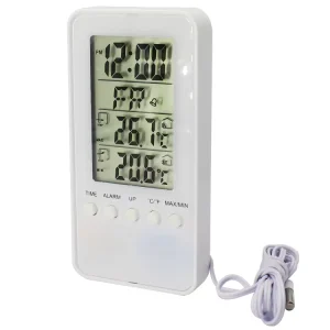 Digital Indoor and Outdoor Temperature and Humidity Thermometer with Snooze Alarm Clock and Perpetual Calendar, 12/24-Hour