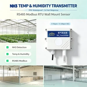 Electrochemical RS485 Modbus NH3 Ammonia Transmitter Selectable Range Temp Humidity Sensor for Poultry Farm Greenhouse