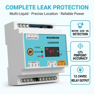 GLD4100 IP ABS Leakage Sensor, 35mm DIN Rail, Oil Acid Water Detection, 100-200m Cable, RS485 Relay Alarm Controller