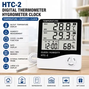 HTC 2 Digital Thermometer Hygrometer Indoor Outdoor Temperature Humidity Meter with LCD Display Clock and External Sensor