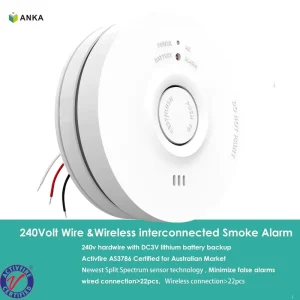 Hardwired Mains-Powered 230V/240V Photoelectric Smoke Detector with 3V Backup Battery