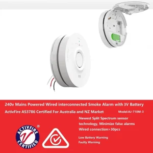 Hardwired Mains-Powered 240V Photoelectric Wired Smoke Alarm with 10 Years 3V Backup Battery ActivFire Listed Alarm