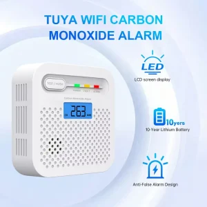 Home CO Gas Detector and Alarm with Electrochemical Sensor 10-Year Battery WiFi Connectivity 80 dB Alarm Remote Alert