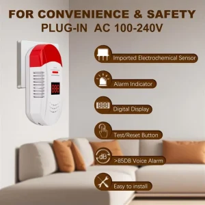 Home Carbon Monoxide Detector CO Alarm with Warning Light Plug In for Bedroom Living Room Safety Sensor
