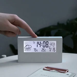 LCD Weather Station Table Clock with Alarm, Temperature, and Humidity Display