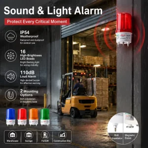 LED Fire Alarm System Rotating Warning Light With 120dB Sound Switch Alarm Magnetic Customizable Home Outdoor Forklift Security