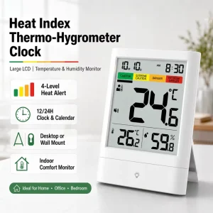 Large LCD Indoor Thermometer Hygrometer Clock Heat Index Alert Temperature Humidity Monitor for Home Office Bedroom