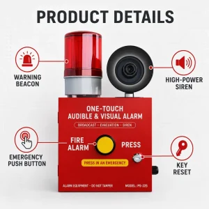 One Touch Emergency Fire Evacuation Alarm with Siren Strobe Adjustable Volume Plastic Material 10m Detection Range