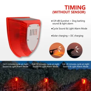 Outdoor 6LED Solar Siren Light Gunshot Sounds IP65 Waterproof Solar Flashing Warning Lamp 129dB Solar Strobe Alarm for Yard Barn