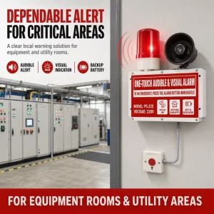 PS-225 220V One-Touch Audible and Visual Alarm Industrial Emergency Siren with Strobe Light Push Button Backup Battery Plastic