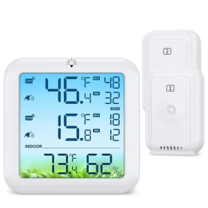 Plastic Digital LCD Temperature Humidity Monitor with Large Display, Max/Min Values, Alarm, and Remote Sensor
