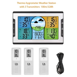 Plastic Digital Thermo hygrometer Home Desk Wall Clock 3 Wireless Sensors Temperature Humidity Monitor Upper Lower Limit Alarm
