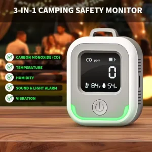 Portable 3-in-1 Carbon Monoxide, Temperature and Humidity Alarm with Vibration Reminder for Camping