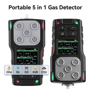 Portable 5-in-1 Gas Detector for H2S O2 CO CO2 LEL Combustible and Natural Gas Leakage, LCD Display with Sound Light Alarm