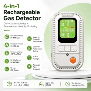 Portable Combustible Gas Leak Detector for Home RV Camping with CO Alarm Temperature and Humidity Display
