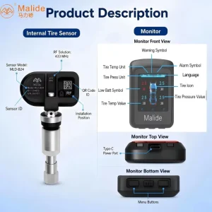 SUV TPMS with Internal Sensor, Stick-On Monitor, IP67 Waterproofing, Buzzer Alarm, and Auto-Wake