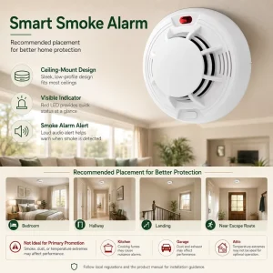 Smart Photoelectric Smoke Alarm with Voice Alert 85dB Alarm Sound Remote Control Low Battery Warning White Color OEM ODM