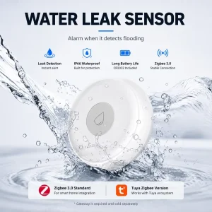 Smart Zigbee Water Leak Sensor with App Notification, IP66 Flood Alarm, and Automatic Valve Shutoff