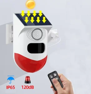 Solar Outdoor IR Motion Sensor Alarm Waterproof RF433 Remote 120dB Siren OEM Supported