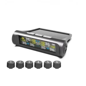 Solar TPMS Tire Pressure Monitor for Trucks with 6 External Sensors USB Charging 9.9 Bar and IPX7 Waterproofing