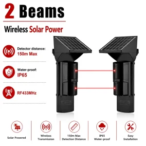 Solar Wireless 433MHz Outdoor 2-Beam Active Infrared Detector, ABS, 100m Perimeter Security Alarm
