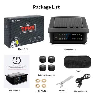 TPMS Universal Solar USB Dual Charge Tire Pressure Monitor with Leak High Low Temp Alarm 100% Copper Core